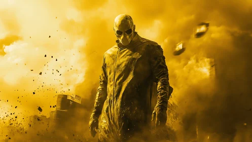 Masked enforcer strides through explosive golden dust storm.