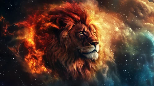 Lion head rendered in fiery cosmic nebula scene