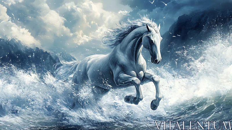 Mythic white stallion charges through storm-tossed seascape waves