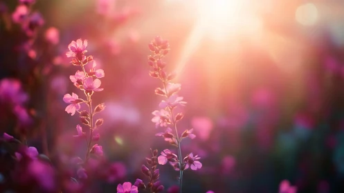 Pink flowers backlit by diffused sunlight, shallow depth of field.