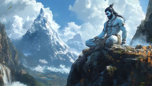 Meditating blue deity above vast snow peak landscape.