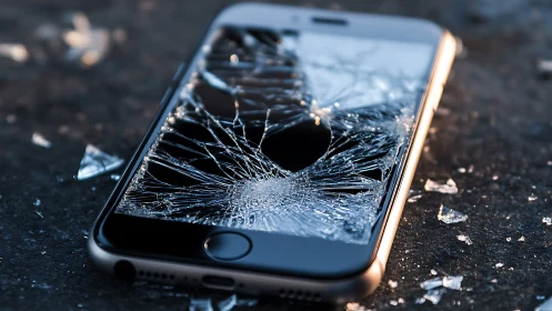 Shattered smartphone screen lies on rough pavement after impact.