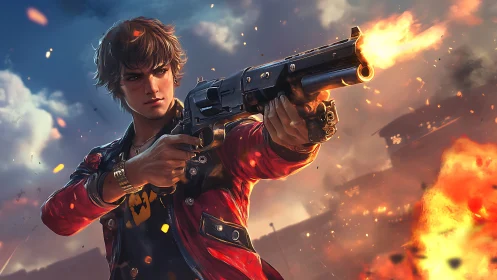 Armed young man in red jacket firing shotgun in flames.