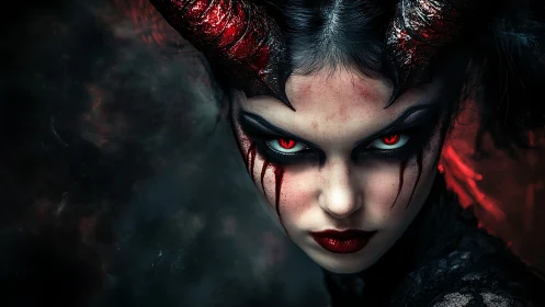 Demonic sorceress with glowing red eyes stares through darkness