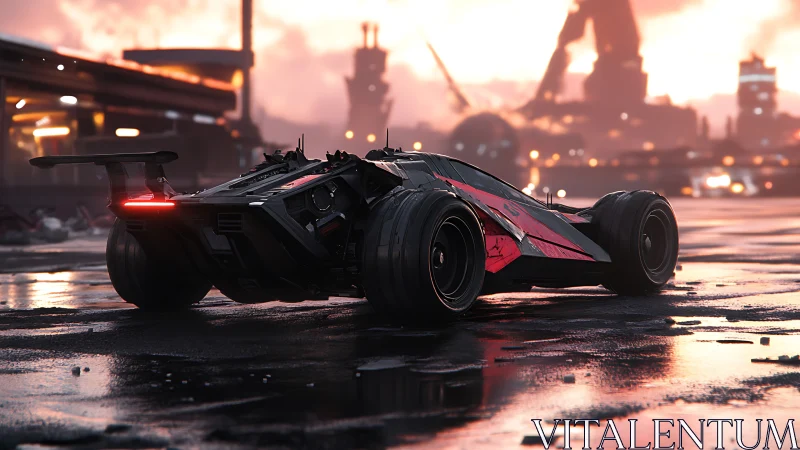 Sleek cyber racer waits quietly on a rain slicked runway