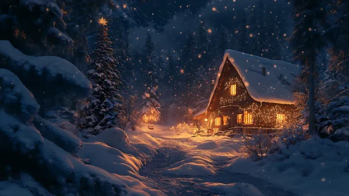 Snowy forest cabin with warm lights on winter night.