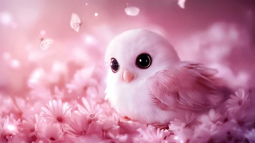 Adorable pink baby bird in dreamy floral fantasy style artwork.