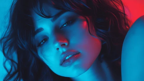 Neon-drenched gaze in electric blue and crimson hush.