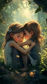 Two young girls sit embracing in soft forest sunlight