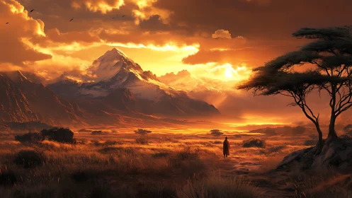 Lone wanderer crossing ember-lit valley beneath blazing peaks.