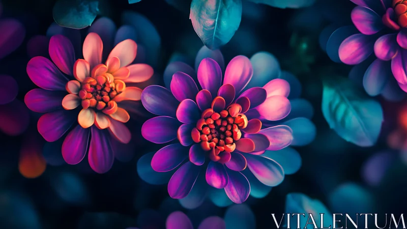 Neon Dahlia Flowers with Chromatic Gradient and Bokeh Depth