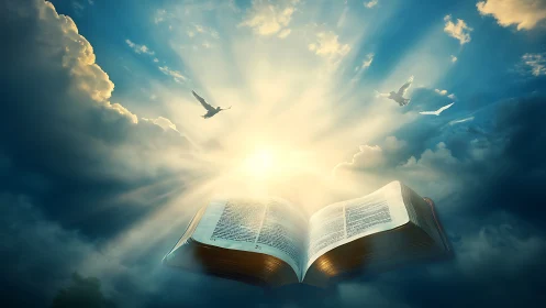 Digital painting of open holy book with radiant celestial light.