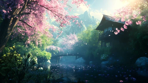 Cherry blossom riverside garden with bridge and pavilion.