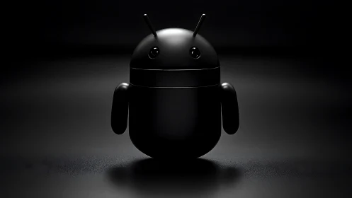 Black android robot figure on dark reflective surface.