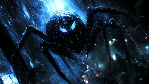 Glowing eyed cyber spider stalks through rain-soaked cityscape