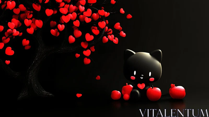 Black Cat Catches Falling Hearts Under Whimsical Love Tree