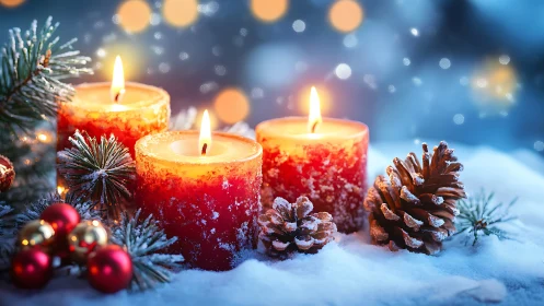 Red winter candles glow beside snow-dusted pinecones.