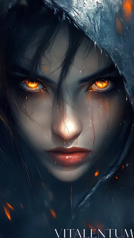Hooded female face with glowing ember eyes in darkness.