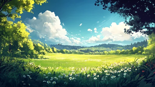 Sunlit meadow dreaming beneath cloud-brushed summer skies.