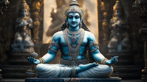 Blue-skinned meditative deity statue with ornate temple backdrop
