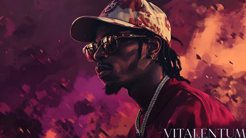 Digital portrait of urban musician in vivid sunset hues.