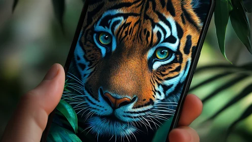 Tiger face artwork displayed on smartphone screen in hand.