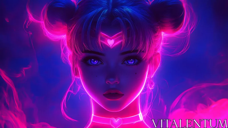 Neon cyber sorceress stares through glowing violet haze