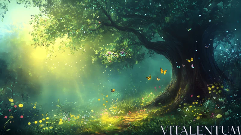 Enchanted Forest Glade: Ancient Tree with Luminous Butterflies and Blossoms