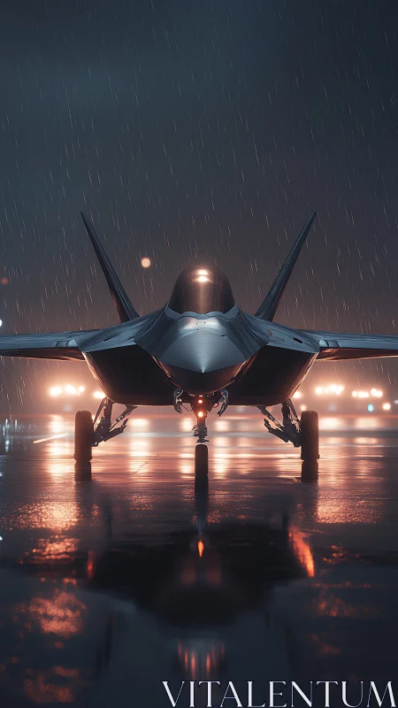 Cinematic 3D stealth jet on rain-soaked runway at night.