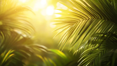 Sunlit palm fronds form layered foliage in soft focus