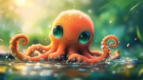 Bright-eyed baby octopus basking in soft ocean light.