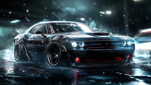 Cyberpunk muscle car night scene with neon rim lighting.