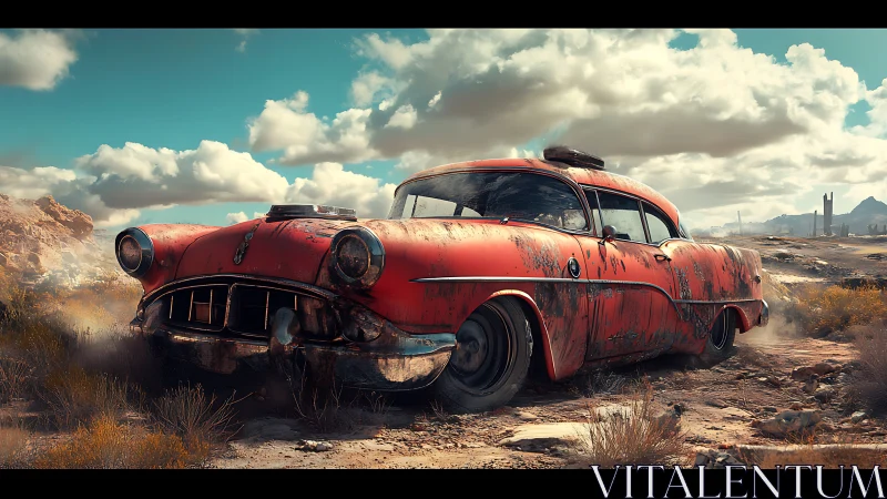Rustic red classic sedan in dry rocky desert landscape.