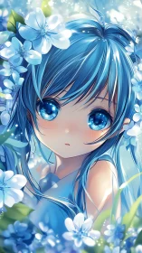 Iridescent blue haired anime girl framed by luminous blossoms