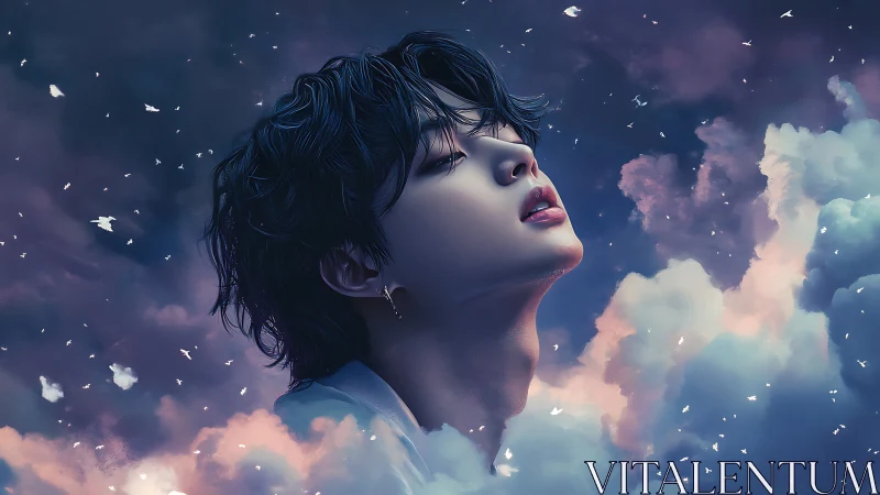 Celestial portrait of youthful figure in ethereal clouds.