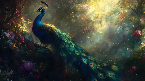 Iridescent peacock in luminous floral grove, atmospheric bokeh