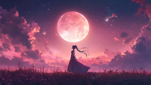 Moonlit anime silhouette beneath radiant cosmic sky.