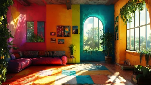 Color-zoned living room with large windows and plants.