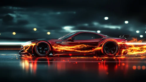 Flaming red sports coupe accelerates through neon nightscape