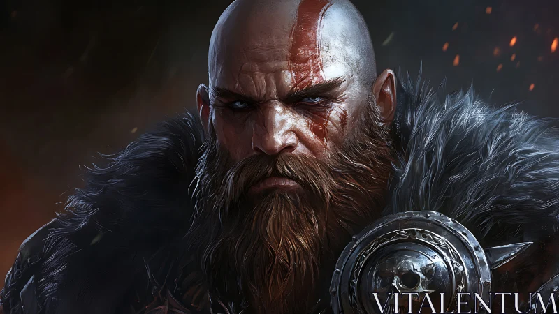 Bald bearded warrior stares forward with blood streaked face