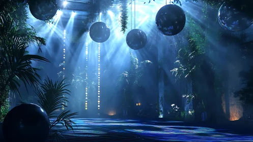 Luminous jungle ballroom bathes hanging spheres in blue light