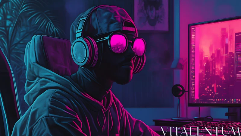 Neon gamer swims through magenta code in midnight cyberglow