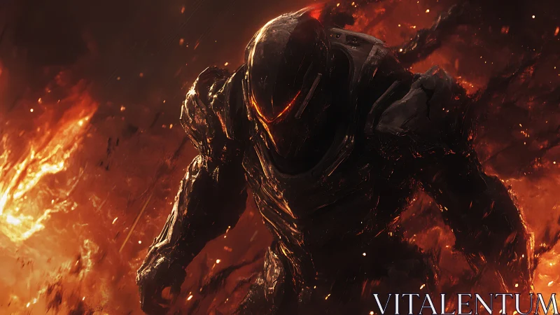 Armored inferno warrior strides through swirling molten fire