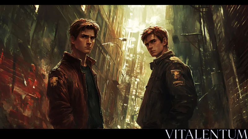 Digital painting of twin agents in narrow urban alleyway.