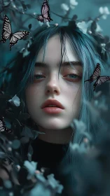 Portrait depicts blue-haired figure amid foliage and butterflies