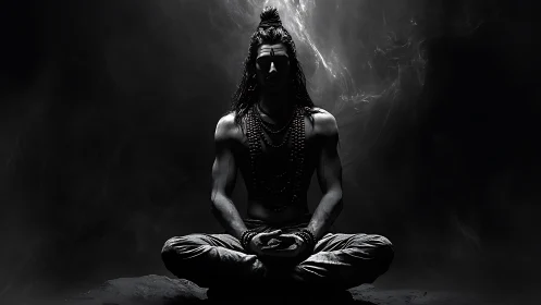 Silhouetted seated figure in meditation against dark background.