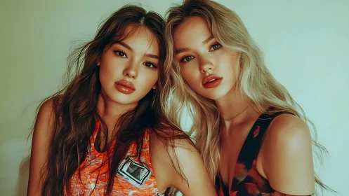 Two young women posed closely against neutral backdrop.