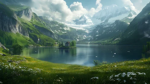 Quiet lakeside cabin cradled by bright alpine mountains.