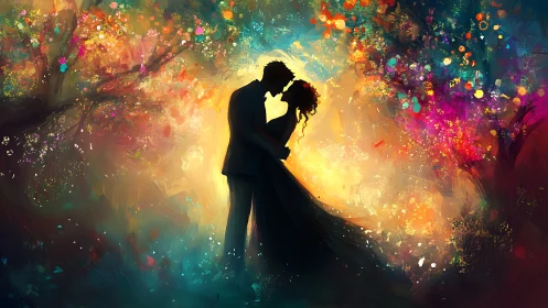 Silhouetted Embrace: Romantic Couple Dancing in Vibrant Luminous Bokeh.