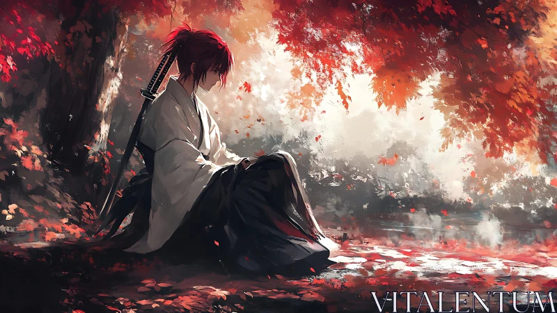 Samurai resting quietly beneath glowing autumn leaves.